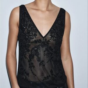 Zara Black Beaded V-Neck Top